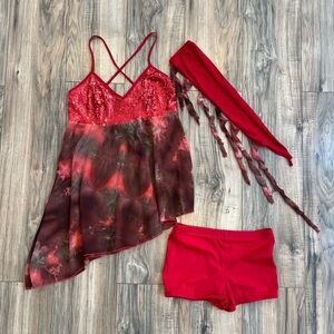 Tag 1080 Lyrical dance costume, red watercolor tie dye, performance recital